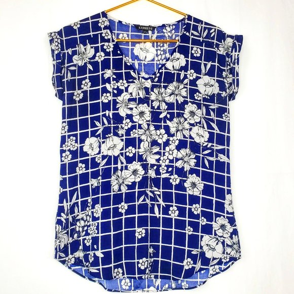Express Floral Windowpane Print V-neck Cuffed Sleeve Top Size: S - Picture 1 of 8